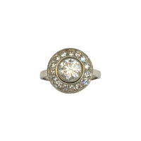 Front view of French Art Deco diamond target ring in platinum, featuring one carat centre diamond and halo of old cut diamonds, circa 1920s.