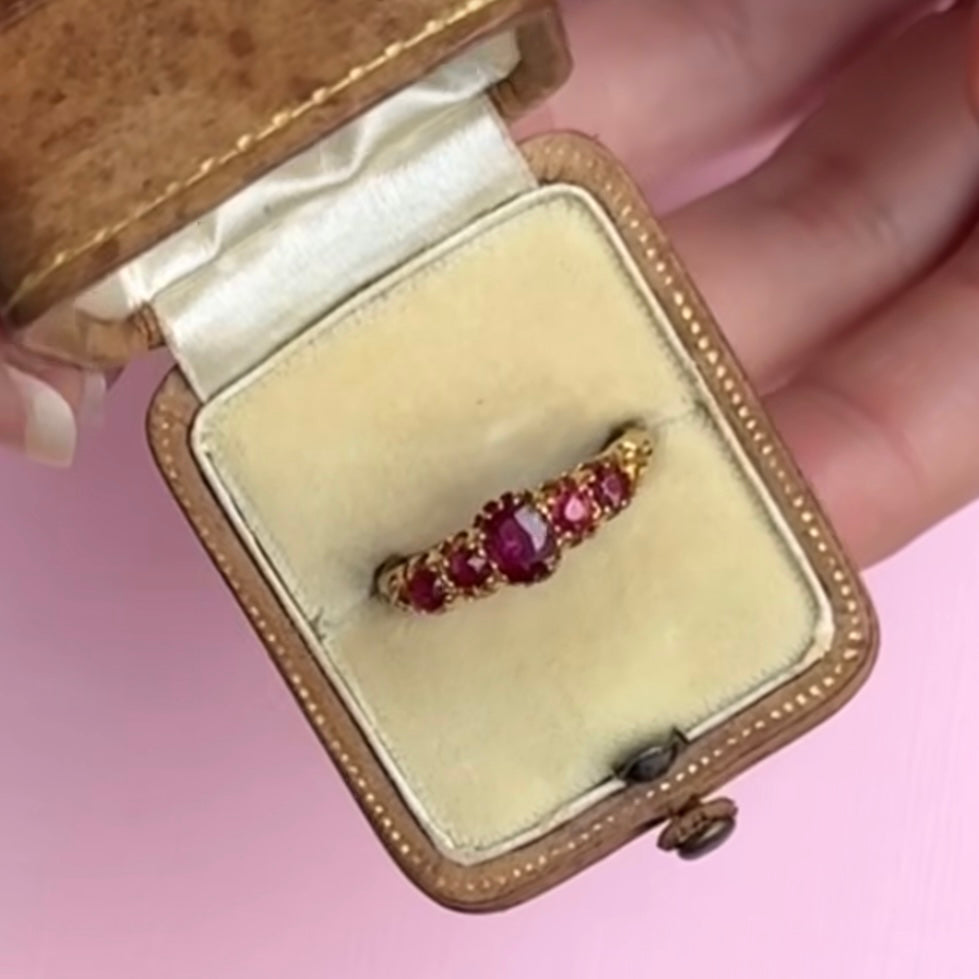 Edwardian five-stone ruby ring in a box, hallmarked Birmingham 1910