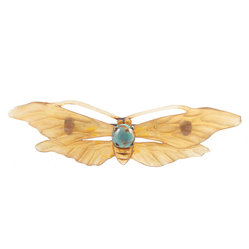 French Art Nouveau moth brooch with horn wings and turquoise body, circa 1900
