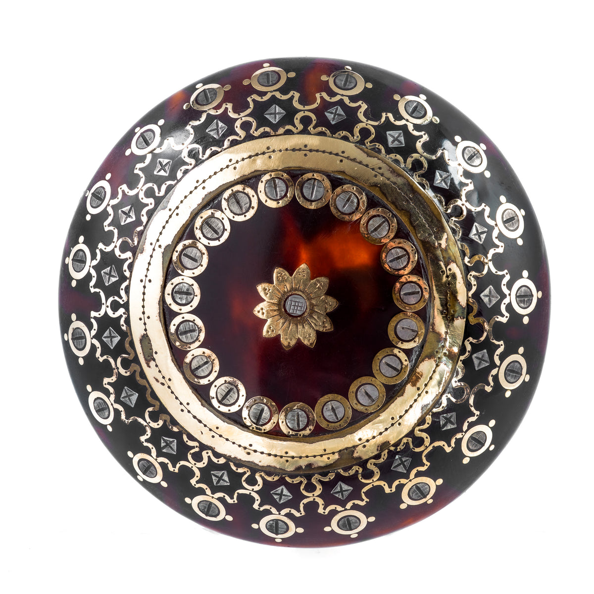 Victorian tortoiseshell brooch with intricate gold and silver pique inlay, made in England circa 1880s