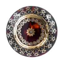 Victorian tortoiseshell brooch with intricate gold and silver pique inlay, made in England circa 1880s