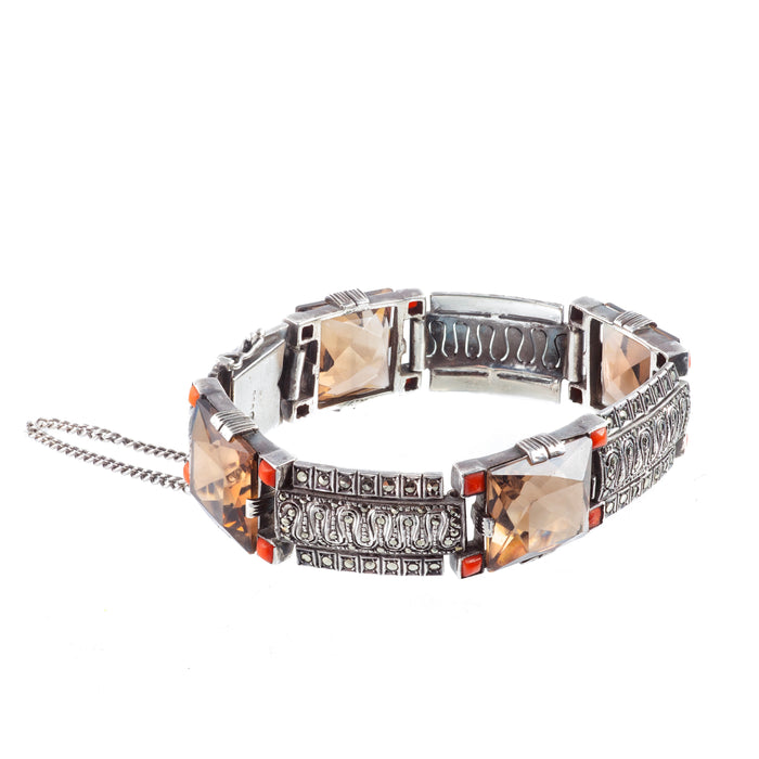 1930s silver Art Deco bracelet by Theodor Fahrner with smoky quartz, coral, and marcasite