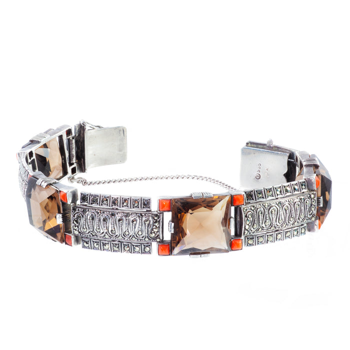 Vintage German bracelet by Theodor Fahrner, c.1930s, set with faceted smoky quartz, coral accents, and marcasite in silver