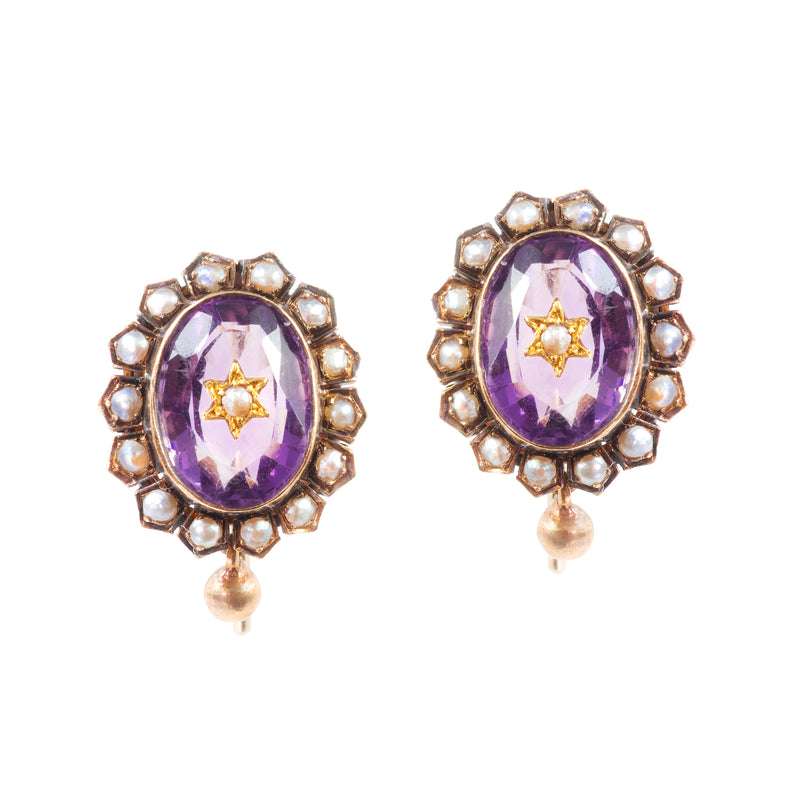 A Pair of Amethyst Pearl Gold Earrings