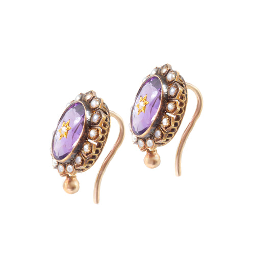A Pair of Amethyst Pearl Gold Earrings