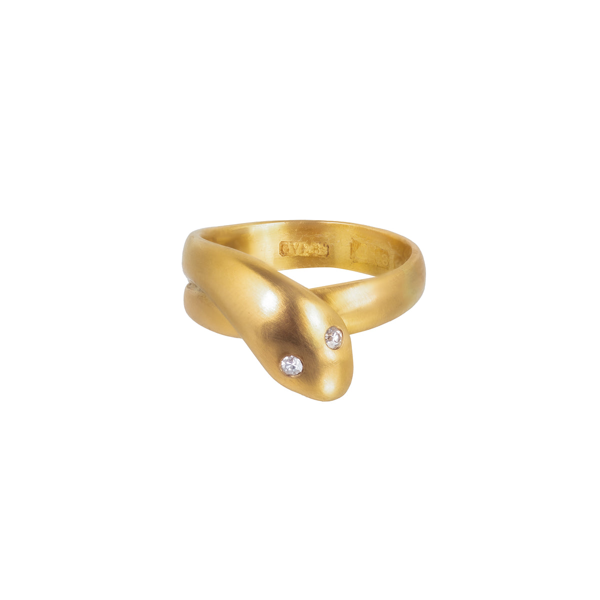 Victorian 18ct gold snake ring from 1906 with old cut diamond eyes, antique serpent jewellery symbolising eternal love and handcrafted in brushed gold.