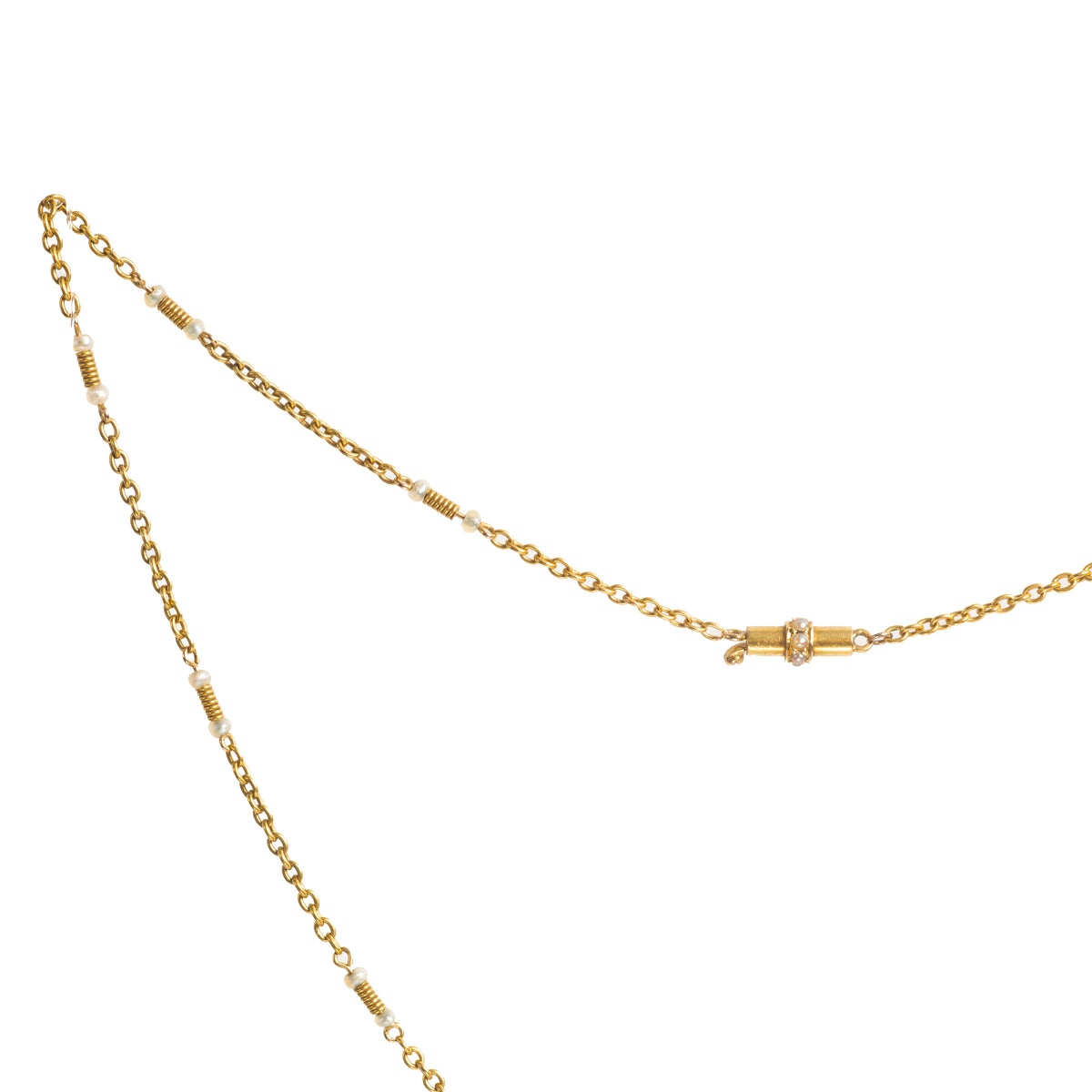 Close up of the antique 15ct gold and pearl chain, showing the delicate seed pearls and intricate coiled gold workmanship along the links.