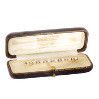 Antique Belgian diamond and pearl bar brooch in original fitted box, c.1910, designed by Frans Hoosemans