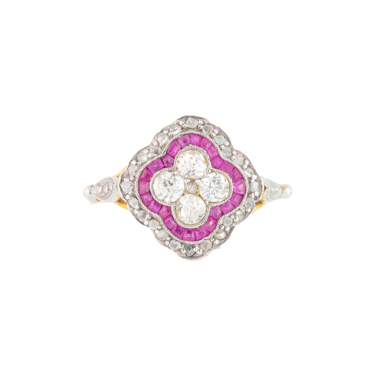 Antique Art Deco diamond and ruby plaque ring in platinum and gold, central quatrefoil cluster framed by rose cut diamond border, c.1920s.
