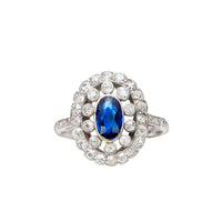 Art Deco sapphire and diamond engagement ring c.1930, platinum setting with 0.72ct sapphire and 0.70ct diamond halo, front view