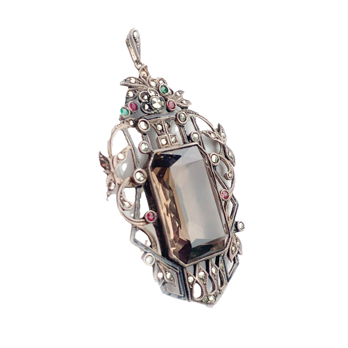 Side profile of Art Deco smoky quartz and marcasite pendant in silver, showing depth and openwork detail, c.1920s