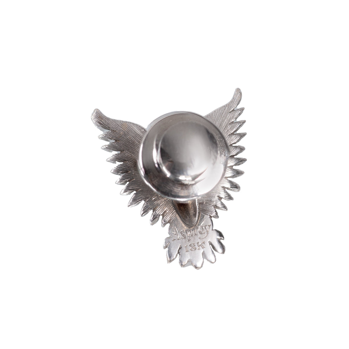 Back view of vintage 1950s Asprey eagle pin in 18ct white and rose gold with ruby eye, showing clasp mechanism and Asprey 18K hallmark.