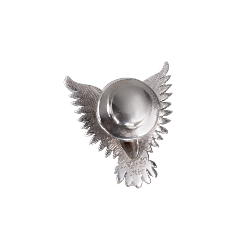Back view of vintage 1950s Asprey eagle pin in 18ct white and rose gold with ruby eye, showing clasp mechanism and Asprey 18K hallmark.