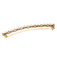 Side view of 15ct gold antique bar brooch with old cut diamonds and pearls, handmade in Belgium by Frans Hoosemans, c.1910