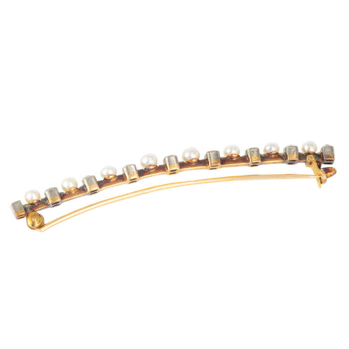 Side view of 15ct gold antique bar brooch with old cut diamonds and pearls, handmade in Belgium by Frans Hoosemans, c.1910