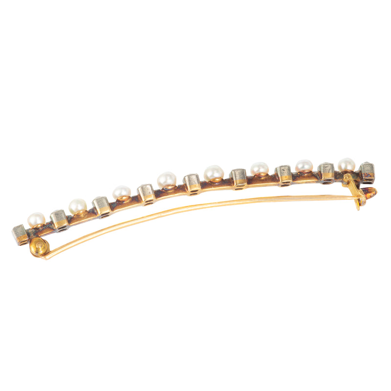 Side view of 15ct gold antique bar brooch with old cut diamonds and pearls, handmade in Belgium by Frans Hoosemans, c.1910