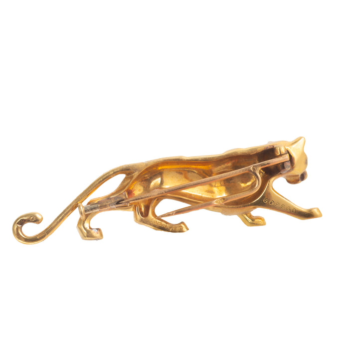 Reverse side of vintage Cartier Panthère brooch showing French assay marks and Cartier signature.