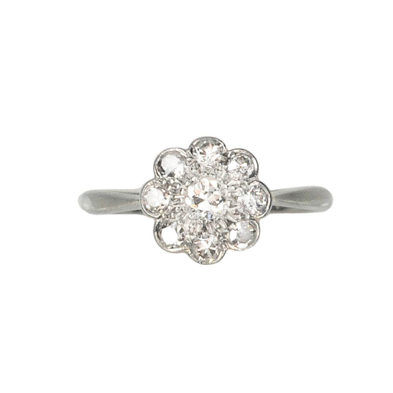1950s daisy diamond cluster ring in 18ct white gold and platinum, old cut diamonds approx 0.50ct total, flowerhead design, front view.