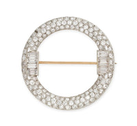 Art Deco diamond circle brooch with 4.42 carats of old European, single and baguette cut diamonds in platinum and 18ct gold, c. 1920s.