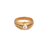 1940s diamond gypsy ring in 18ct yellow gold, English origin, cushion cut diamond solitaire of approx 0.35 carats, front view.