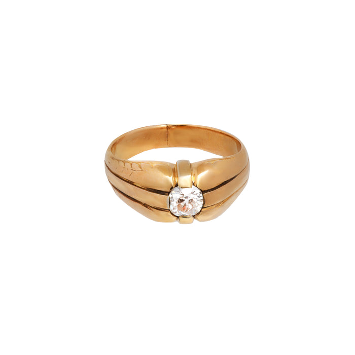 1940s diamond gypsy ring in 18ct yellow gold, English origin, cushion cut diamond solitaire of approx 0.35 carats, front view.