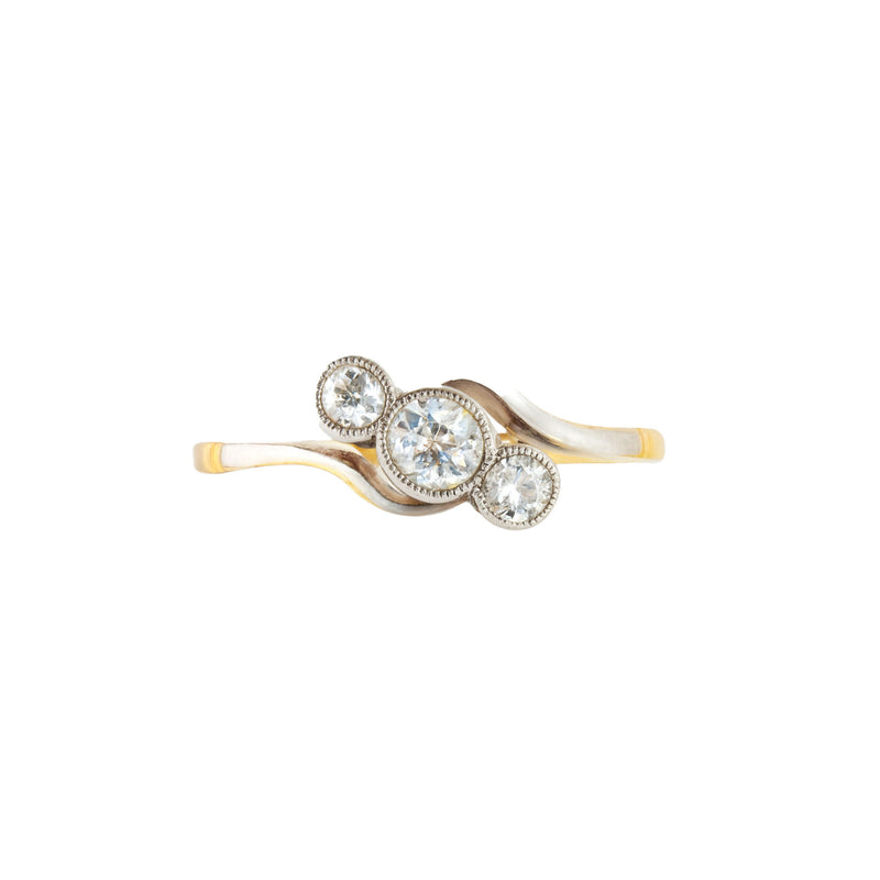 Edwardian Art Deco diamond twist ring with three old cut diamonds set in platinum and gold