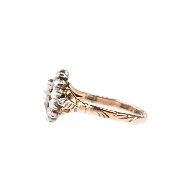 Side view of Georgian era Dutch rose cut diamond cluster ring in 14ct gold and silver, c.1820s.