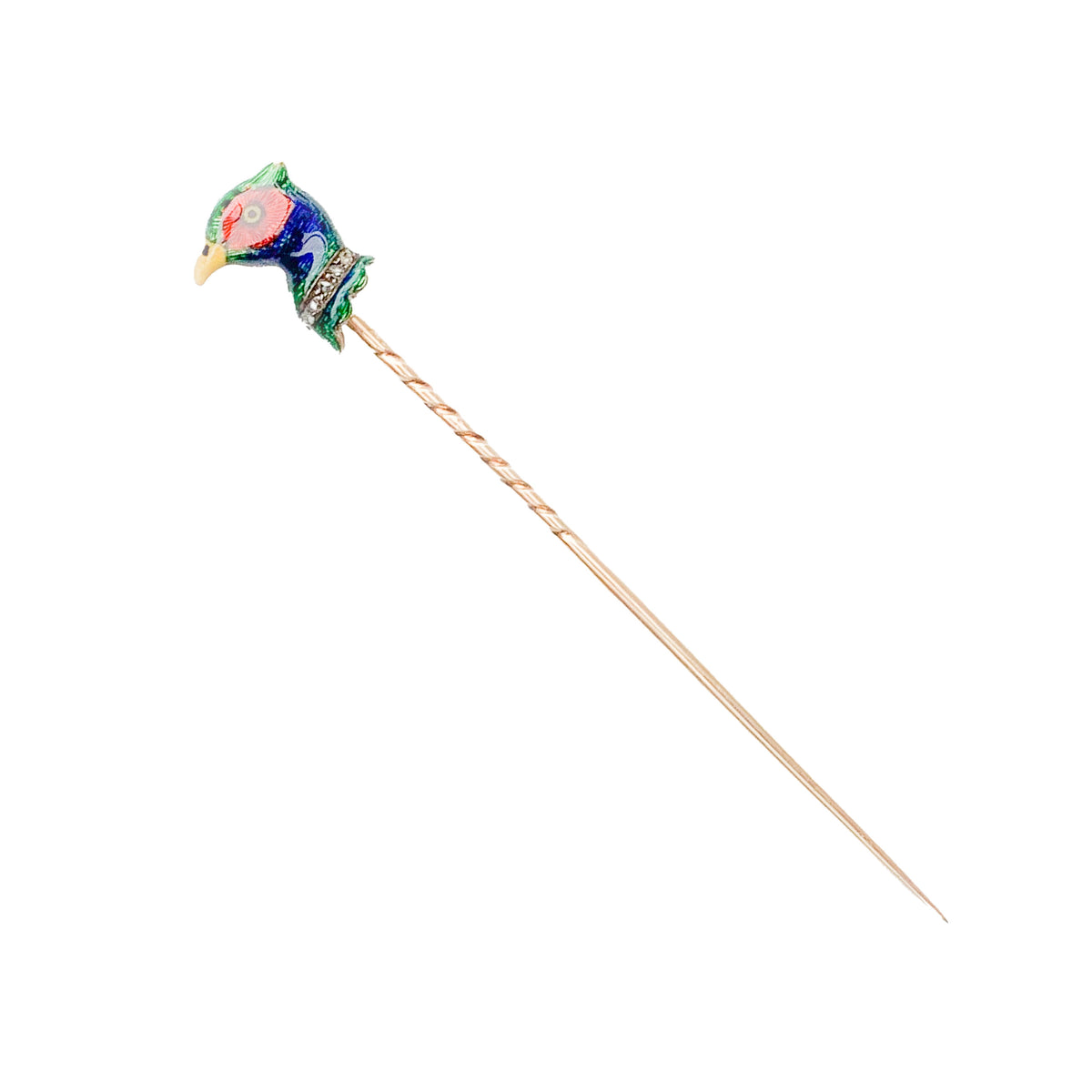 Antique Edwardian gold pheasant stick pin with colourful enamel and diamonds, angled view.