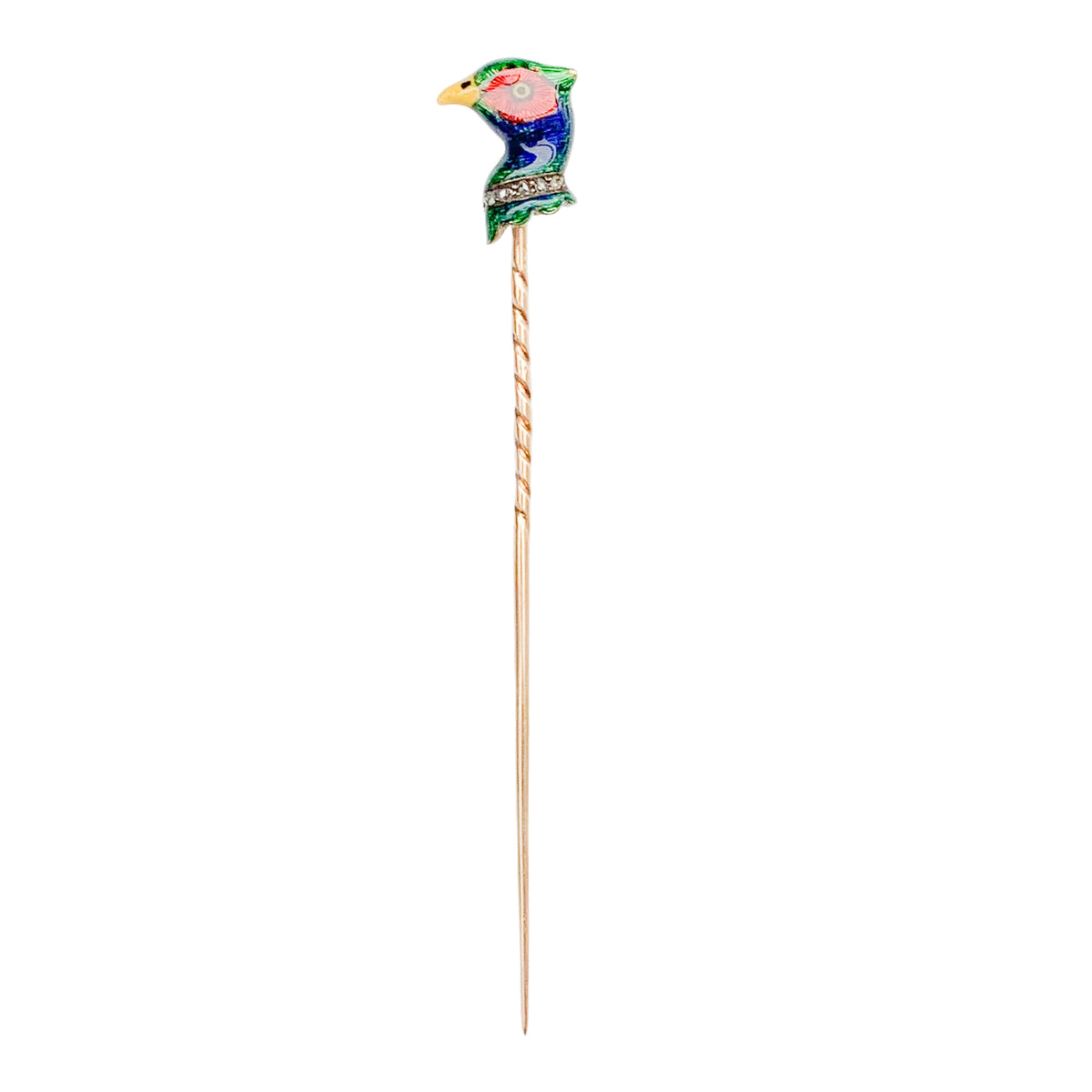 Edwardian enamel pheasant stick pin in 18ct gold with diamond detail, c.1910, shown front on.