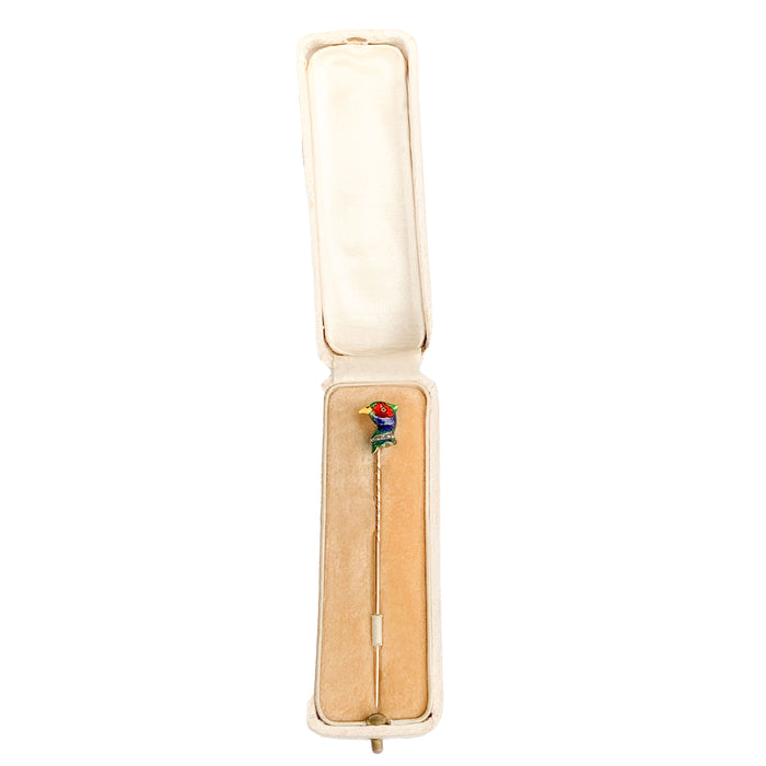 Edwardian 18ct gold enamel pheasant stick pin with diamond collar, displayed in its box.