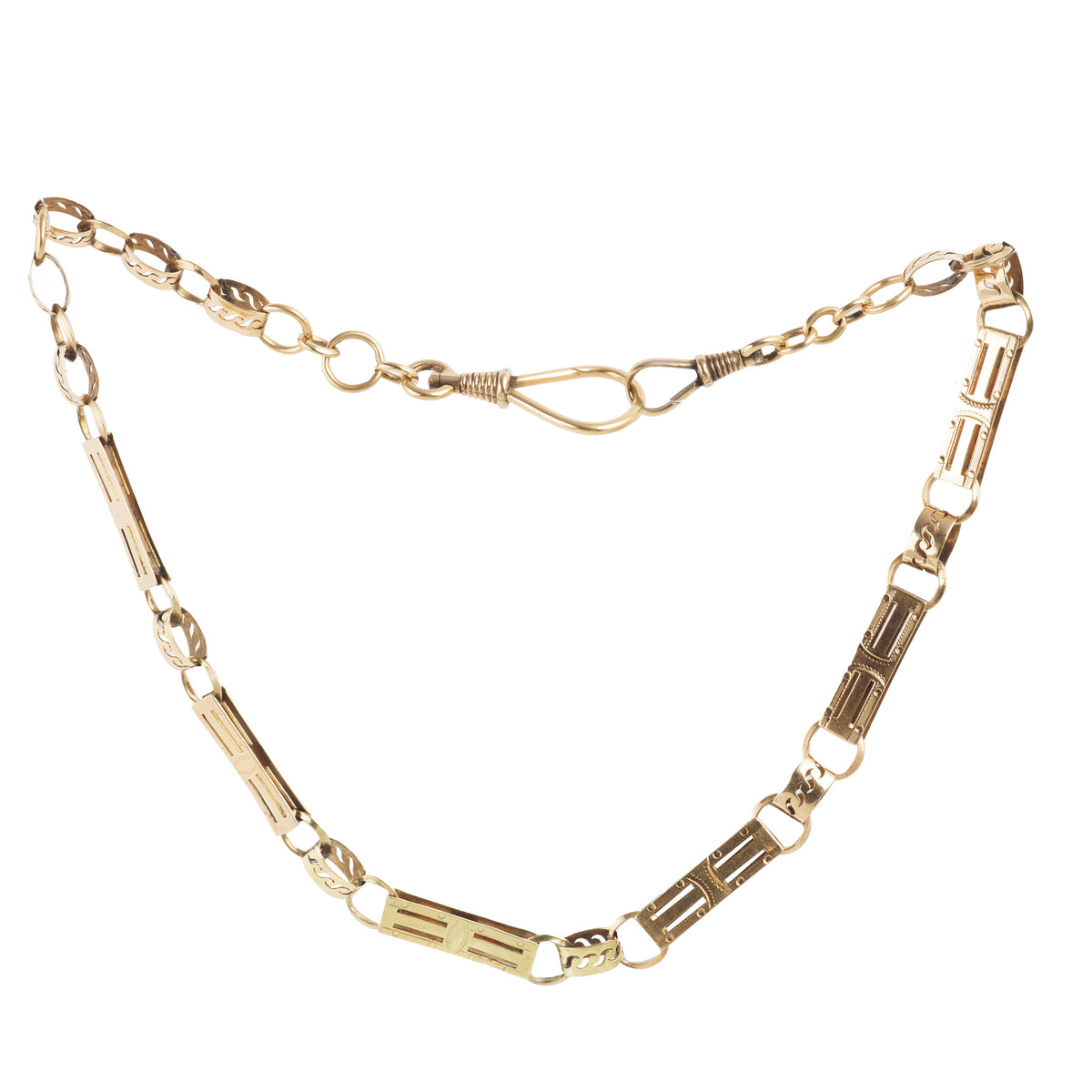 14ct gold fancy link chain with decorative engraved panels and swivel clasp, European circa 1980s, shown in full length against white background.