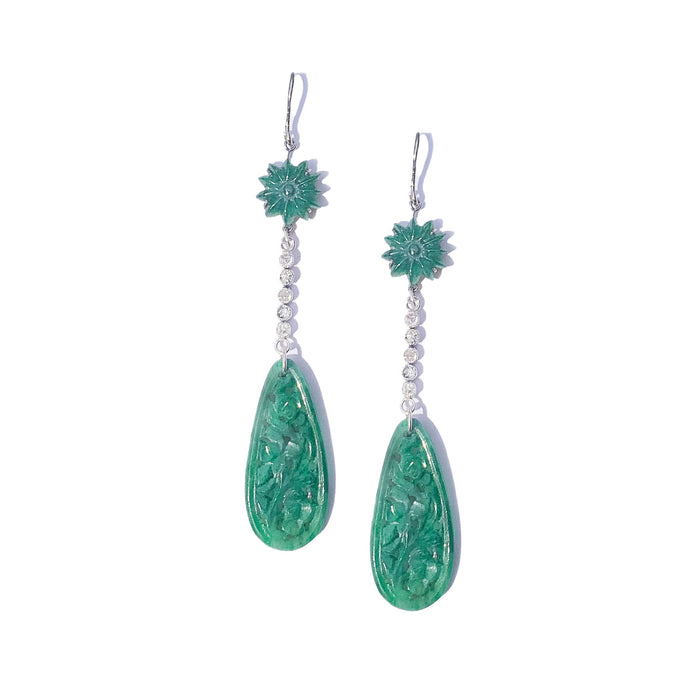Carved Jade & Diamond Platinum Earrings | Art Deco c.1920s