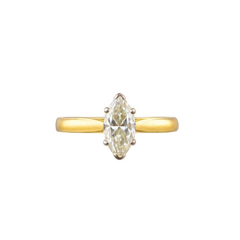 Marquise cut diamond solitaire ring in 18ct yellow gold with platinum claws, English hallmarked Sheffield c.1990s, front view.