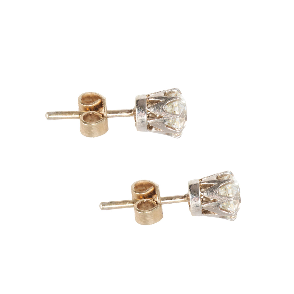 Old Cut Diamond Stud Earrings in 18ct Gold Settings – Side View Showing Basket Mount