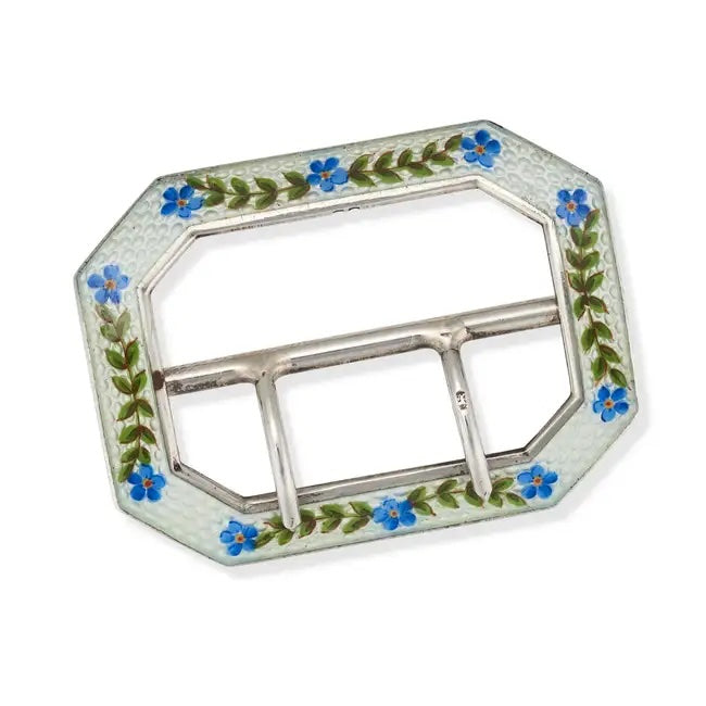 Antique silver and enamel buckle by Levi & Salaman, 1910, with blue floral motif on white guilloché enamel