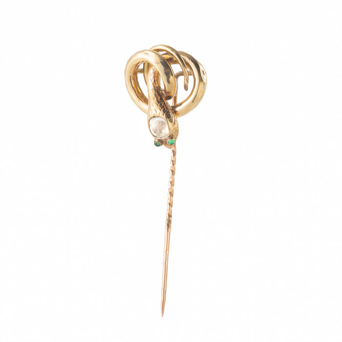 Coiled gold snake tiepin with green paste eyes