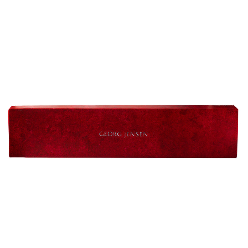 Close-up of Georg Jensen red presentation box for Regitze Overgaard bracelet – vintage Danish design