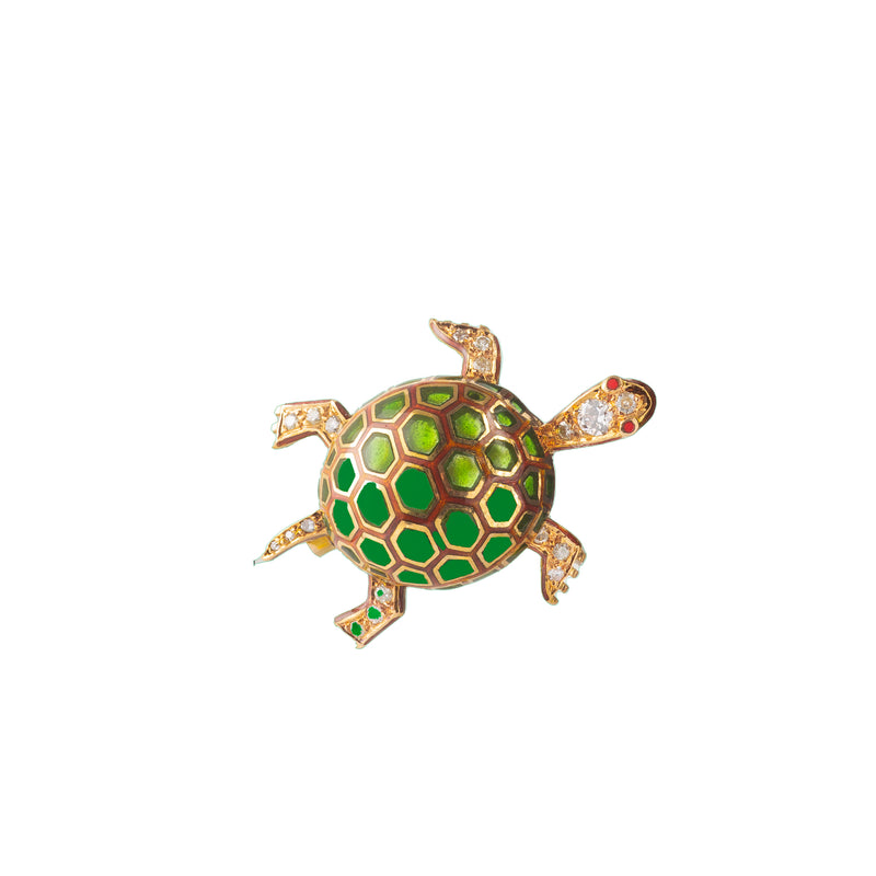 Antique tortoise brooch in gold with enamel and diamonds
