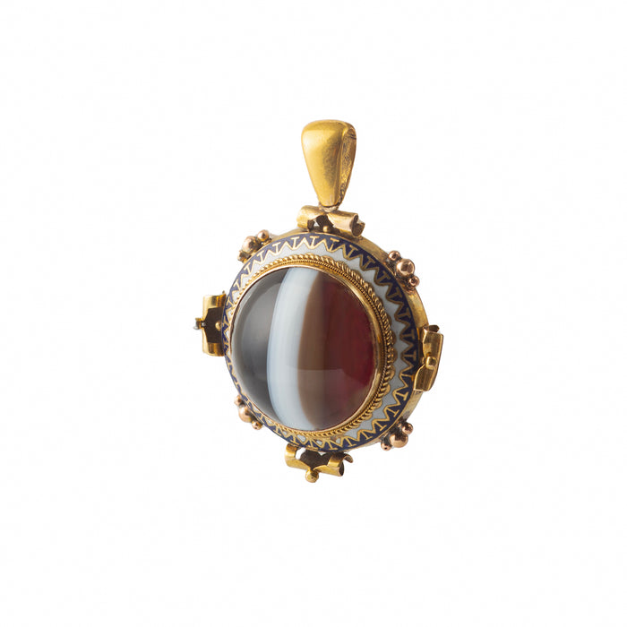 Victorian pendant locket with domed banded agate and enamel in 15ct gold
