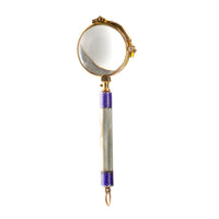 Closed view of 1920s gold filled lorgnettes with mother of pearl handle and blue enamel detail