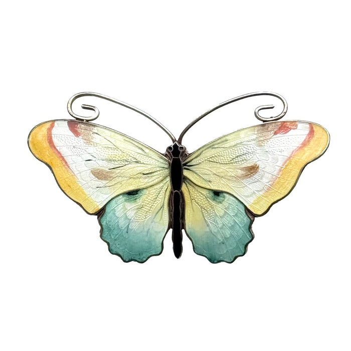 A beautiful 1940s guilloché enamel butterfly brooch in silver by Norwegian silversmith Olav Fritjof Hjortdahl