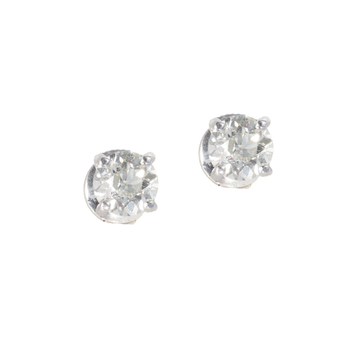 Pair of Old European cut diamond stud earrings, 1.95ct total, set in platinum claw mounts, antique GIA certified jewellery front view