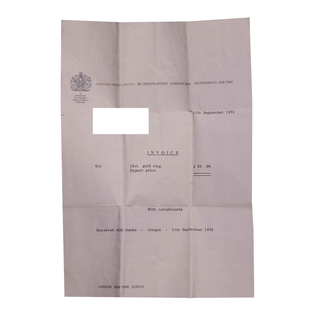Original 1972 Grima receipt documenting the purchase of the 18ct gold ring, an archival record of provenance.