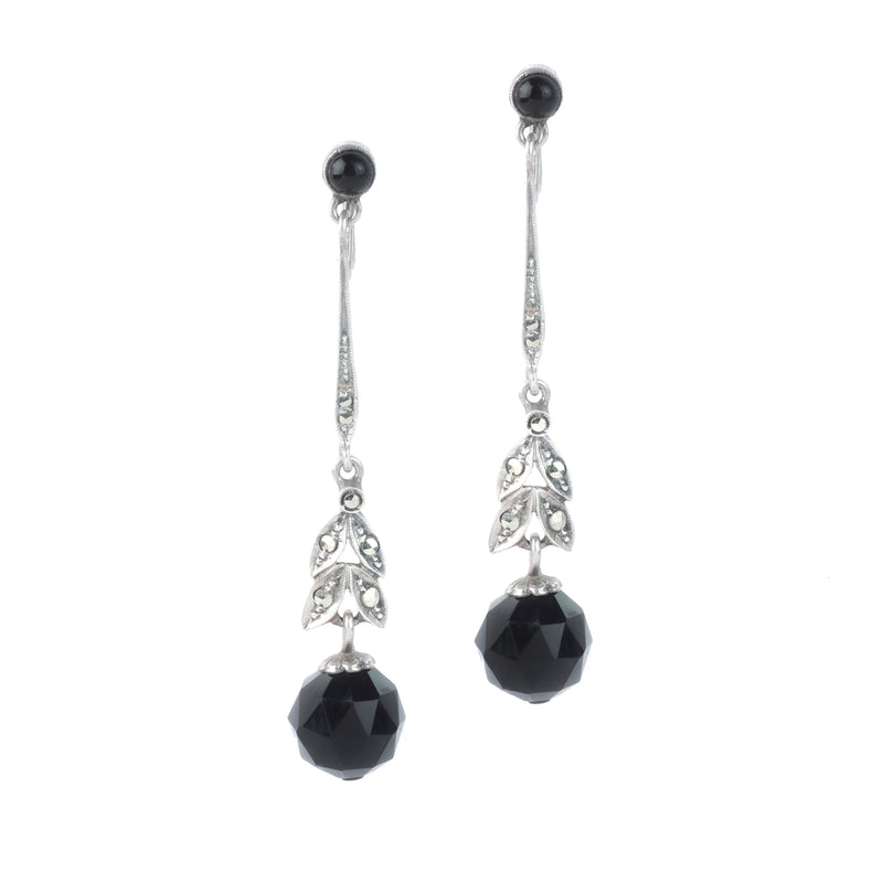 Theodor Fahrner Art Deco earrings c.1920s, silver with marcasite and faceted onyx drops, screw back design, shown from the front.