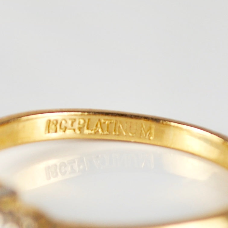 Hallmark detail 327 18ct Platinum on 1960s sapphire and diamond three stone ring