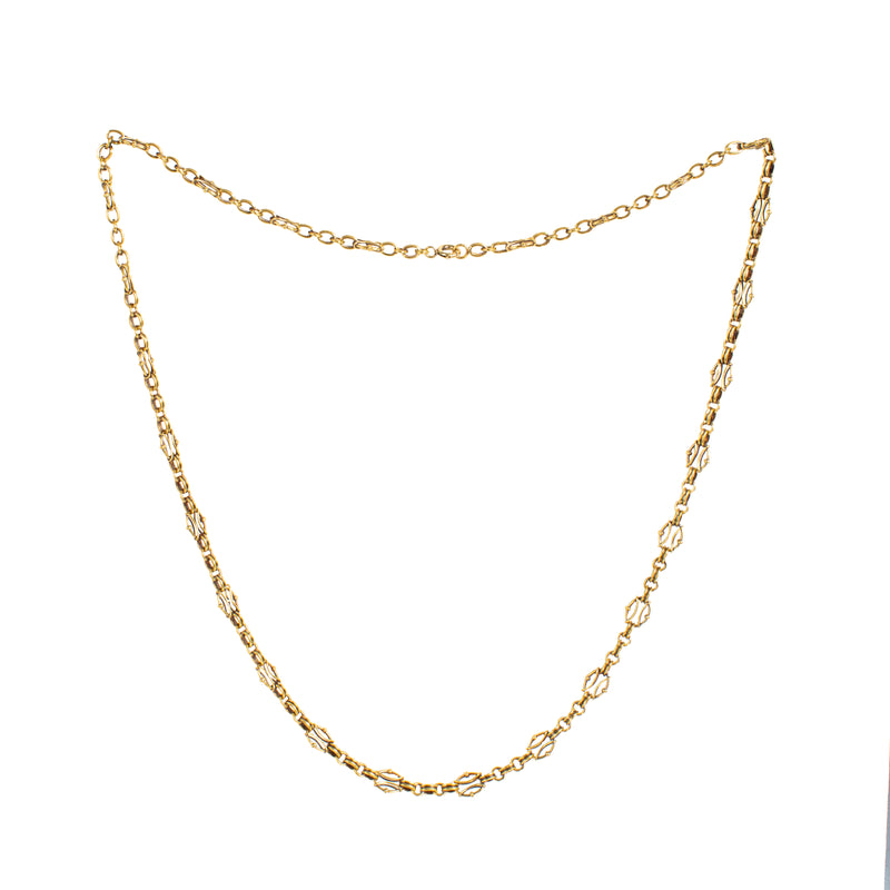 Full view of late Victorian 18ct gold chain necklace, 57cm, with alternating openwork links, English c.1880s, 21.6g