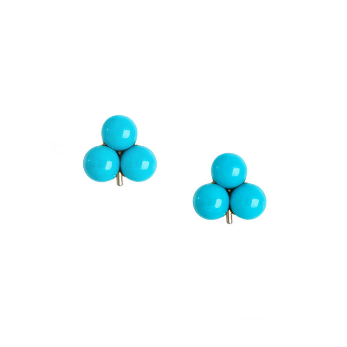 1950s turquoise and gold stud earrings, three turquoise beads in 9ct gold setting, vintage conversion from antique piece, British design