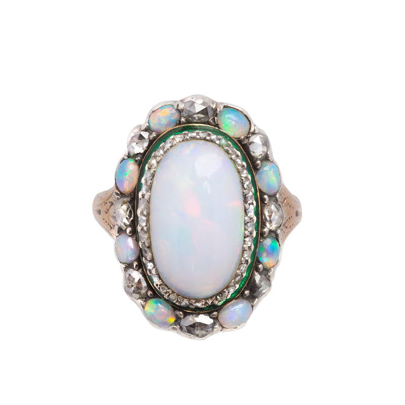 A Cabochon Opal Diamond Gold Ring