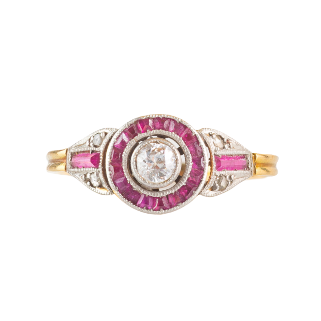 Art Deco Diamond Target ring with Ruby halo