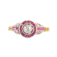Art Deco Diamond Target ring with Ruby halo